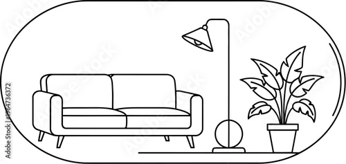 Minimalist line art illustration of a modern interior, featuring a comfortable sofa, stylish floor lamp, and a potted plant, all elegantly framed within a sleek oval shape.