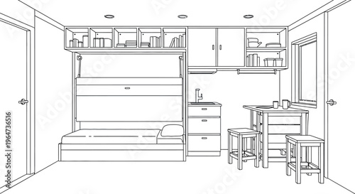 Detailed line art rendering of a highly functional and modern studio apartment interior showcasing innovative space-saving furniture design solutions for efficient urban living.