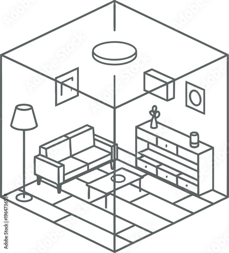Minimalist isometric line art depiction of a compact modern living room setup contained neatly within a conceptual cubic space architecture.