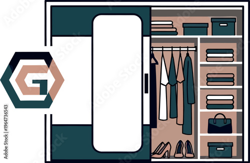 Stylish illustration depicting an open sliding door wardrobe organizer system filled with neatly arranged clothing shoes and accessories