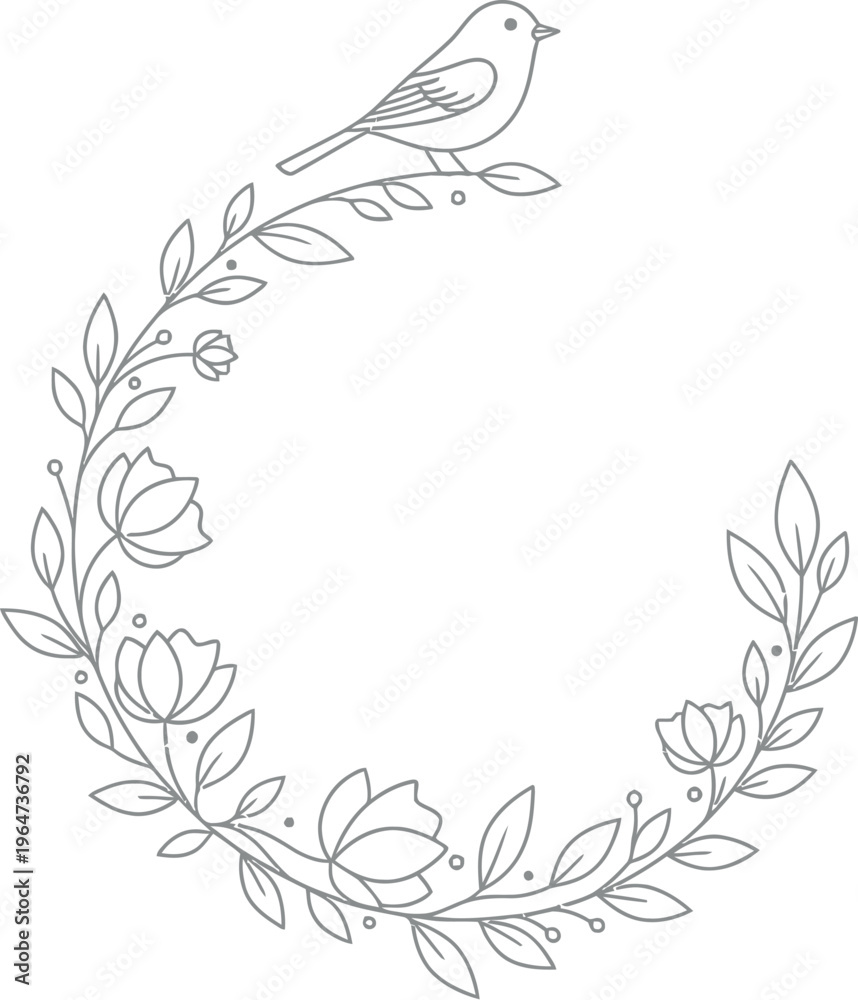 Obraz premium Elegant minimalist line art illustration featuring a delicate bird perched on a graceful floral branch adorned with blooming flowers and fresh leaves, perfect for sophisticated design.