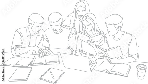 Group of five diverse students collaborating closely around books and a laptop during an intensive study session illustration