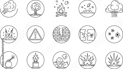A collection of thin line icons representing various dangerous phenomena like fire, explosion, impact, and natural hazards requiring caution
