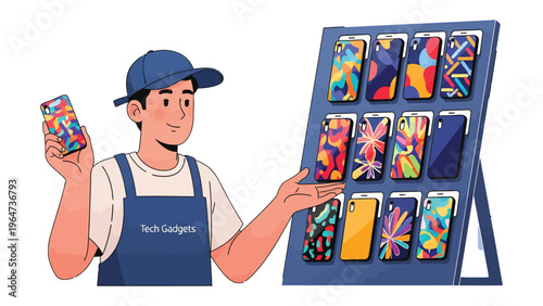 Tech Gadgets Display: A tech-savvy individual showcases a colorful array of phone cases, designed to fit various mobile gadgets