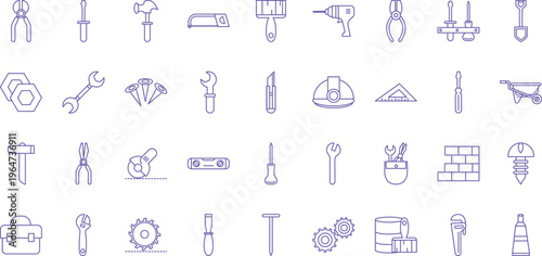 Set of construction and repair hand tool icons, outline engineering equipment vector graphic collection.