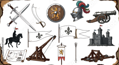 A comprehensive collection of medieval warfare icons including weaponry armor siege engines flags and castle illustrations on parchment