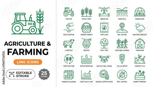 Vector illustration of a lush green agricultural field with a tractor and farm buildings in the background at sunset