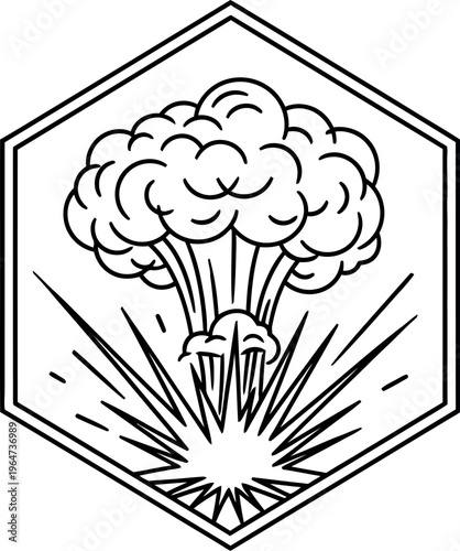 Stylized illustration depicting a powerful burst of energy or an atomic explosion contained within a geometric hexagonal frame.