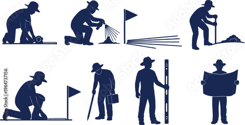 Surveying collection of silhouettes illustrating land measurement planning and construction related tasks