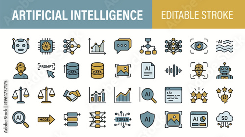 Colorful artificial intelligence illustration with robot and brain symbolizing machine learning and innovation in technology