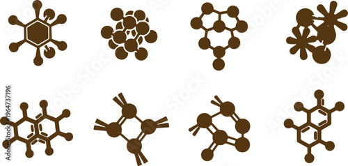 Collection of eight brown stylized chemical structure icons representing organic molecular formulas and compounds.