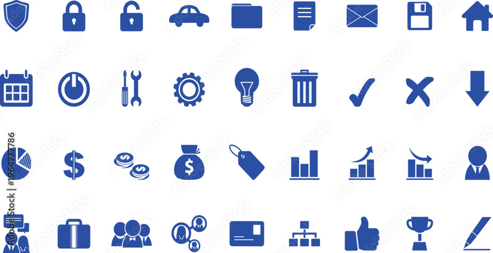 Fototapeta premium Collection of blue business and finance icons representing data security, communication, money, and analytics concepts.