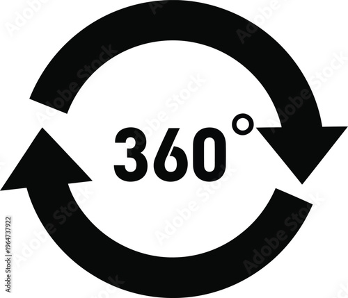 A simple black and white vector icon representing a three hundred sixty degree rotation symbol. Vector