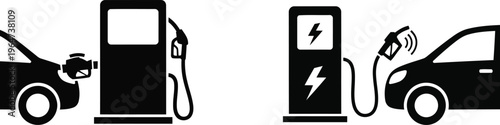 A black and white infographic showing a traditional gas pump and an electric vehicle charger icon Vector