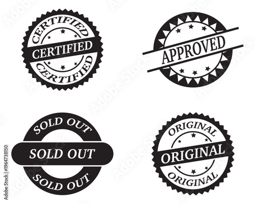 Set of various stamps. Vintage text rubber stamp, tag, sticker. Textured certified, approved, sold out, original. Vector illustration.