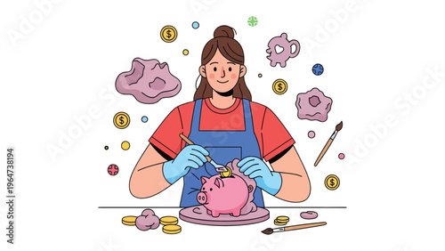 Savings artisan: A dedicated artisan meticulously crafts a charming piggy bank, while golden coins swirl around. A scene of creativity, financial security, and diligence.