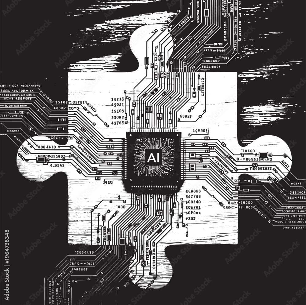 Obraz premium Puzzle piece circuit board with AI chip embedded and black background texture featuring AI, artificial intelligence, microchip with technology and