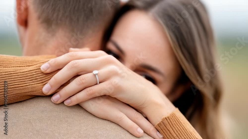 Romantic embrace and engagement reveal with joyful affection outdoors