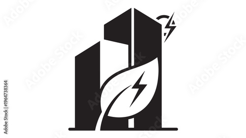Leaf emerging from building with lightning bolt, eco-friendly urban symbol featuring sustainability, green energy, city with architecture and nature