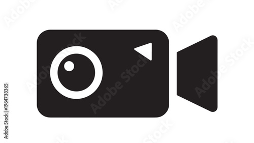 Camera video icon with play button and lens in black and white featuring recording, filming, photography with media and technology elements for