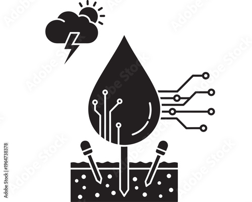 Drop electronic with circuit board lines and microchips in soil under stormy weather featuring microchip, storm, technology with digital and chip