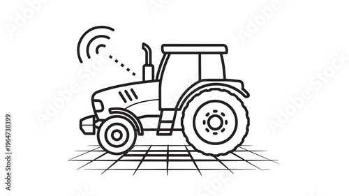 Tractor wireless icon with signal waves and grid background, black line art featuring illustration, vector, agriculture with farming and machine