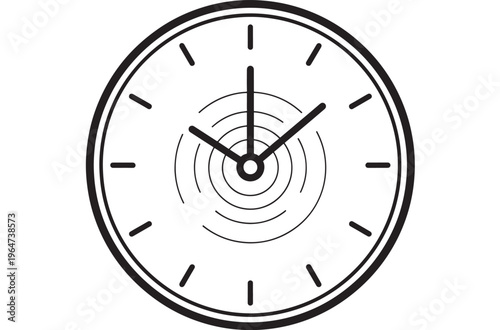 Clock analog with concentric circles and black lines on white background featuring time, hour, minute with hands and illustration elements for