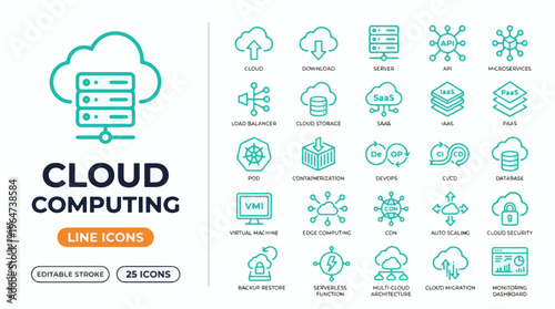 Cloud computing concept with server room and data storage illustration