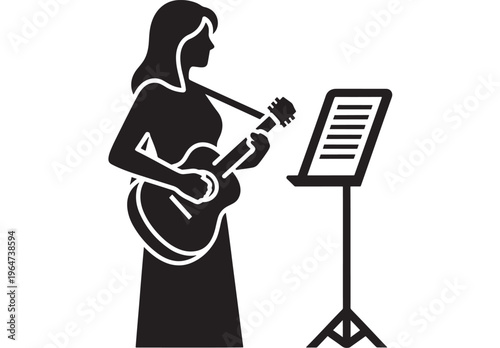 Guitar silhouette of a woman playing with music stand and sheet music in black featuring icon, illustration, vector with musical and instrument