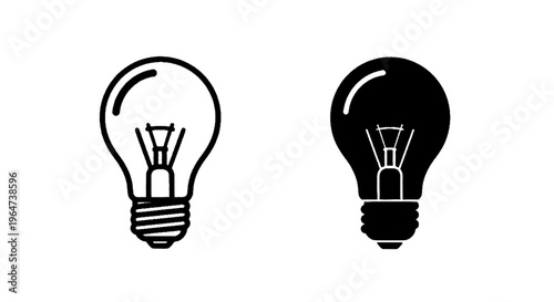 Vector illustration of set of two light bulb icons, one outline and one solid silhouette on a transparent background