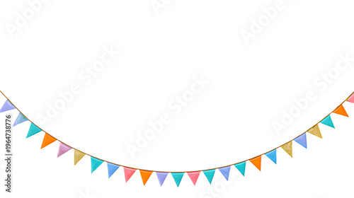 Colorful triangular bunting flags, festive party decoration, multicolored pennant garland, celebration banner png