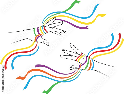 Hands reaching, adorned with rainbow colored wristbands and flowing ribbons against checkered background.
