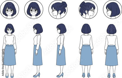 Vector illustration of cartoon character design sheet with multiple angles, hairstyles, and full‑body views for animation reference
