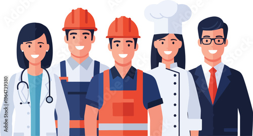 Diverse group of five professionals including a doctor, two construction workers, a chef, and a businessman.