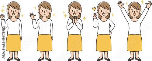 Vector illustration of cartoon character in cheerful expressive poses with gestures, sparkles, and positive emotions