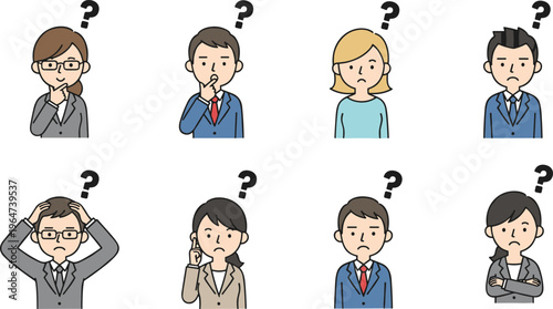 Vector illustration of cartoon people with question marks showing confusion, uncertainty, problem‑solving, and decision‑making expressions
