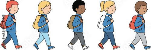 Vector illustration of cartoon school children walking with backpacks and uniforms in colorful, playful style