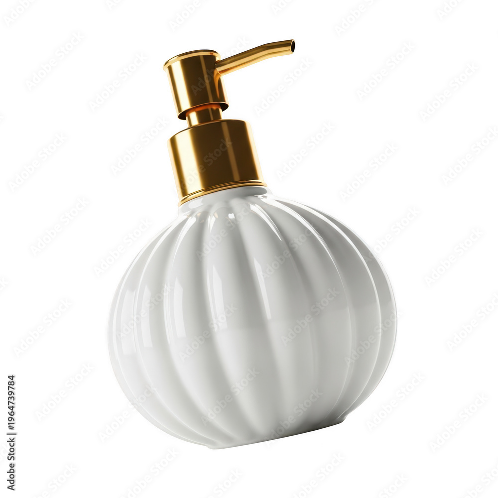 Fototapeta premium Elegant white ceramic soap dispenser with a glossy gold pump head for modern bathroom decoration png