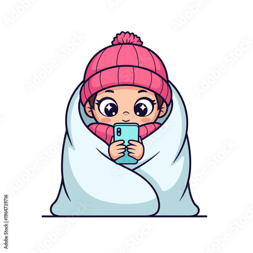 Cute Kawaii Girl Wrapped in Blanket Using Smartphone Cartoon Illustration