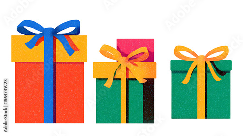 Colorful gift boxes, wrapped presents, bows, ribbons, festive packaging
