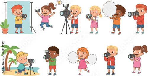 Vector illustration of children practicing photography with cameras, tripods, reflectors and backdrop in cartoon style