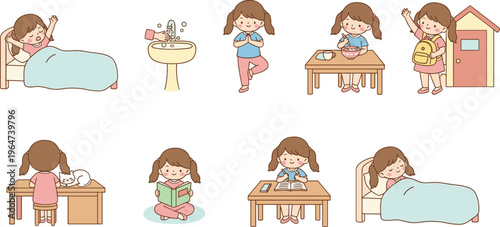 Vector illustration of children’s daily routine including waking, washing, yoga, eating, studying and sleeping