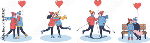 Vector illustration of couples in winter activities with heart balloons showing affection and companionship