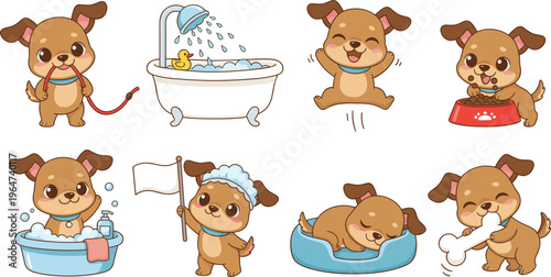 Vector illustration of cute puppy daily activities including walking, bathing, eating, sleeping and playing