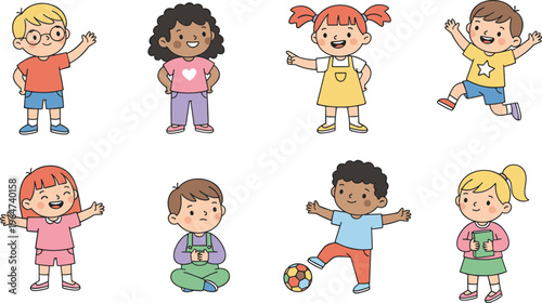 Vector illustration of diverse children characters including reading, playing, emotions, soccer and classroom activities