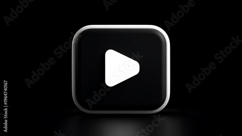Minimalist black square play button icon with white arrow, featuring rounded corners and subtle reflections, isolated against a dark background