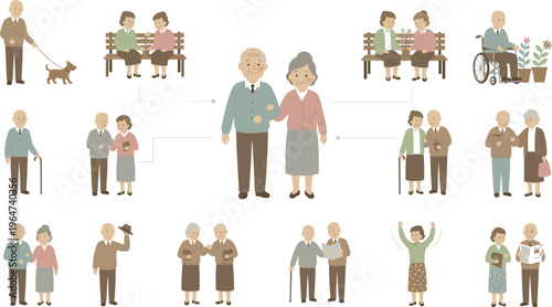 Vector illustration of elderly people activities featuring companionship, aging, daily life, and senior lifestyle in cartoon design