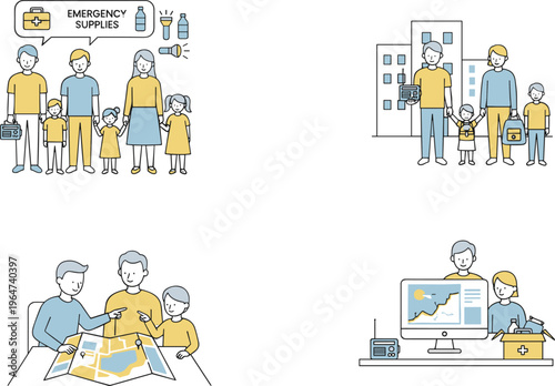 Vector illustration of family emergency preparedness featuring supplies, evacuation, planning, and monitoring for safety and disaster readiness