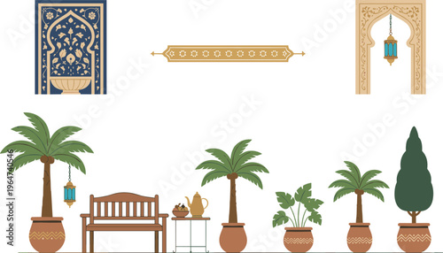 Vector illustration of Islamic garden scene with arches, lanterns, floral motifs, palm trees, bench, and decorative pots