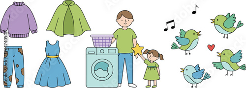 Vector illustration of laundry and family scene with washing machine, clothes, birds, music and heart